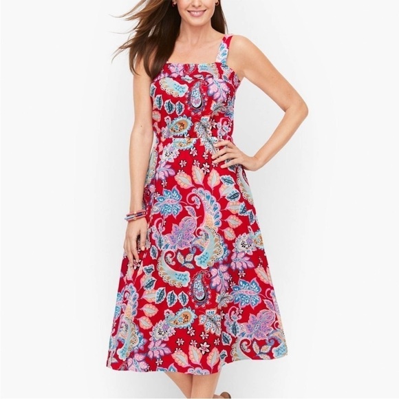NWT Talbots Midi Flare Cotton Sun Dress Fantastic Paisley Red Pepper Square Smoc
